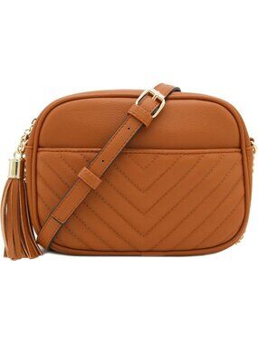 Chevron Quilted Crossbody Bag with Chain Strap & Tassel - Stylish Camera Purse